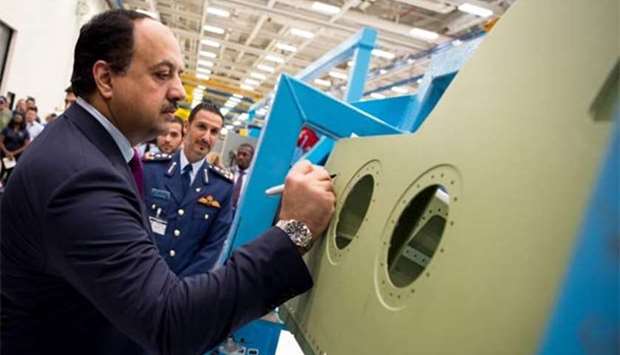 HE the Deputy Prime Minister and Minister of State for Defence Affairs Dr Khalid bin Mohamed al-Attiyah inaugurating the F-15 aircraft production line for the Qatari Amiri Air Forces.