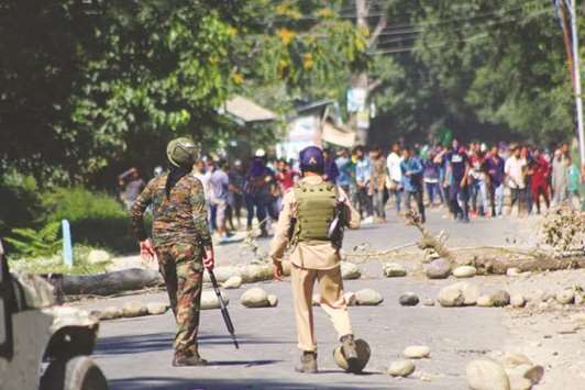 Protesters clash with security forces in Shopian yesterday.