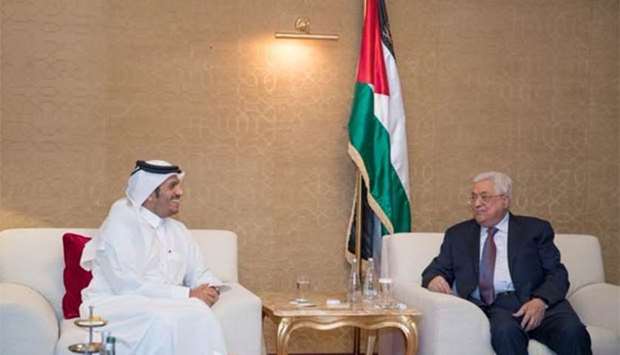 Palestinian President Mahmoud Abbas with HE the Deputy Prime Minister and Minister of Foreign Affairs Sheikh Mohamed bin Abdulrahman al-Thani. 