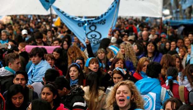 Anti-abortion rights activists gather as lawmakers are expected to vote on a bill legalizing abortion, in Buenos Aires, Argentina