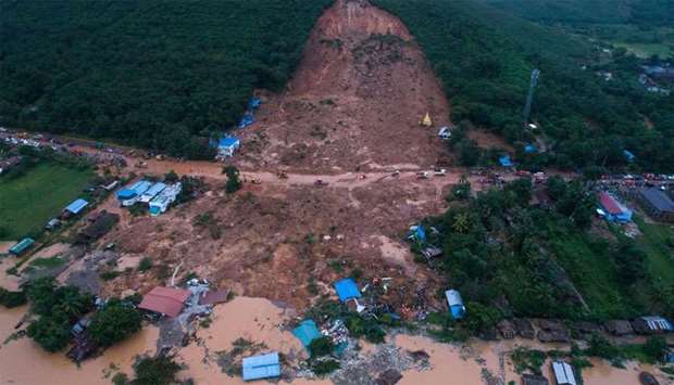 This aerial view shows a landslide in Thalphyugone village in Paung township, Mon state