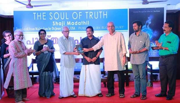 BOOK LAUNCH: The Soul of Truth was released on July 12, 2019 at Bharat Tourist Home (BTH), Ernakulam. In the photo, from left, Dr M Sugathanm, famous clinical psychologist; Asha Devi, actor, social worker; Prof M K Sanu, eminent writer; C Radha Krishnan, eminent writer;  Kunjikannan Vanimel, writer; and P R Vijayan, Secretary Royal Puarjani are seen during the book launch.