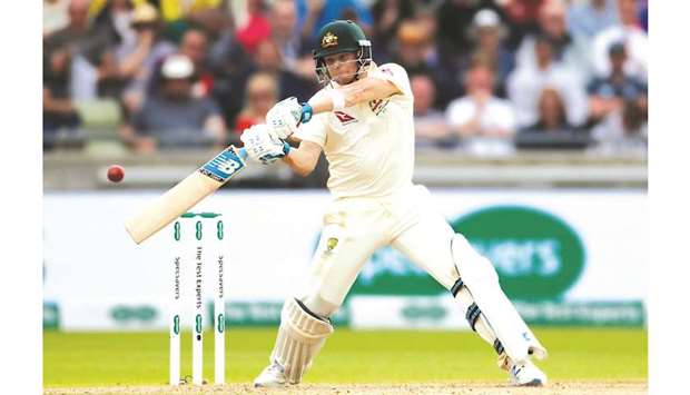 Australiau2019s Steve Smith in action on the first day of the first Ashes Test against England at Edgbaston, Birmingham, yesterday. (Reuters)