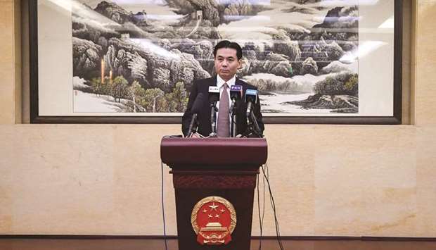 Yang Guang, spokesperson for mainland Chinau2019s Hong Kong and Macau Affairs Office (HKMAO) of the State Council, speaks during a press conference in Beijing yesterday. China slammed violent protesters in Hong Kong who had thrown petrol bombs at police officers and linked them to u201cterrorismu201d, as Beijing ramps up its rhetoric against pro-democracy demonstrations in the financial hub.