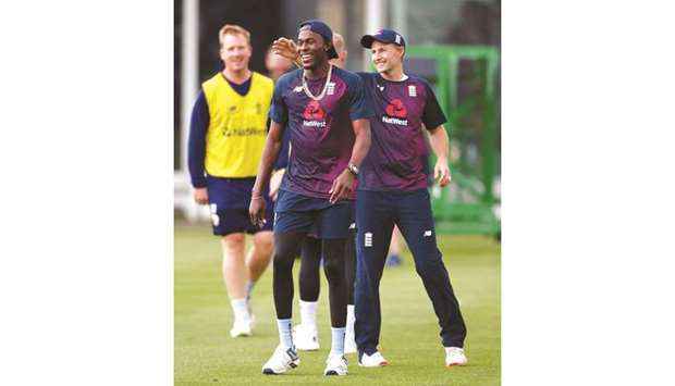 Englandu2019s Jofra Archer and Joe Root (right) during a net session yesterday. (Reuters)