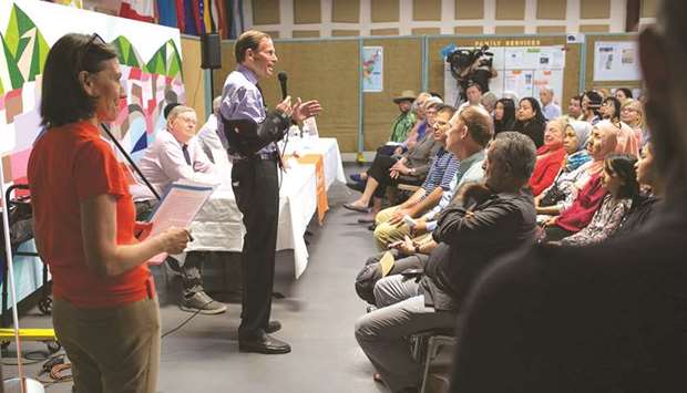 Senator Richard Blumenthal (D-CT) speaks at a town hall-style event held to reassure nervous immigrant community members in Stamford, Connecticut.