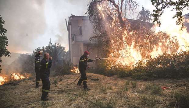 Firefighters try to extinguish a fire in Kontodespoti, on the island of Evia.
