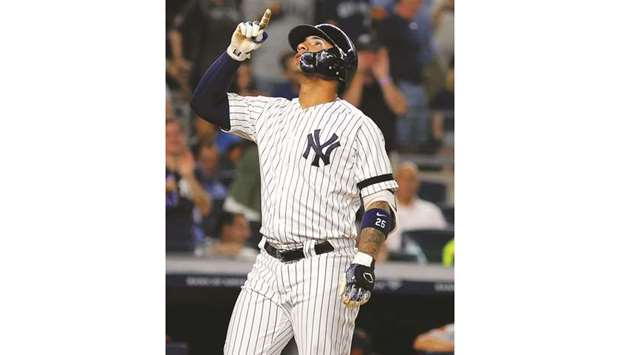 New York Yankees shortstop Gleyber Torres reacts after hitting a three run home run against the Baltimore Orioles during the fifth inning of game two of a doubleheader at Yankee Stadium. PICTURE: USA TODAY Sports