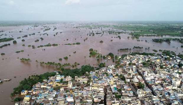 An aerial view of waterlogged Jamkhandi Taluk at Belgaum district of Karnataka state situated about 525 kms north of the south Indian city of Bangalore