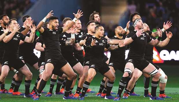 New Zealand players perform the Haka before the Rugby Championship Bledisloe Cup match against