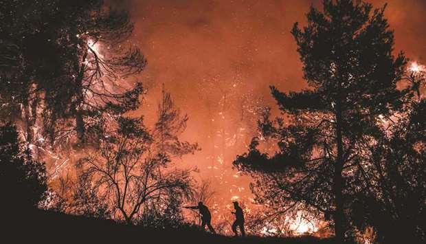 Firefighters try to extinguish a wildfire near the village of Makrimalli on the island of Evia yesterday.