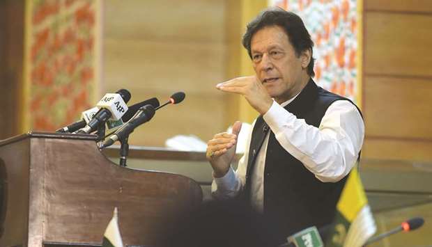 Pakistanu2019s Prime Minister Imran Khan addresses the Legislative Assembly in Muzaffarabad, the capital of Pakistan-administered Kashmir, yesterday, to mark the countryu2019s Independence Day.