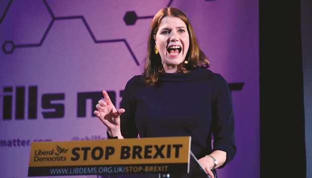 Leader of the Liberal Democrats Jo Swinson delivers a keynote speech on Brexit in London yesterday.