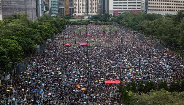 Protesters gather for a rally in Victoria Park in Hong Kong