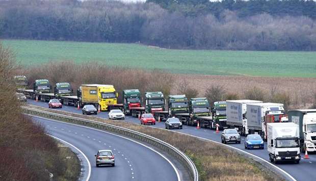 A line of lorries is seen during a trial between disused Manston Airport and the Port of Dover of how road will cope in case of a ,no-deal, Brexit, Kent, Britain January 7, 2019
