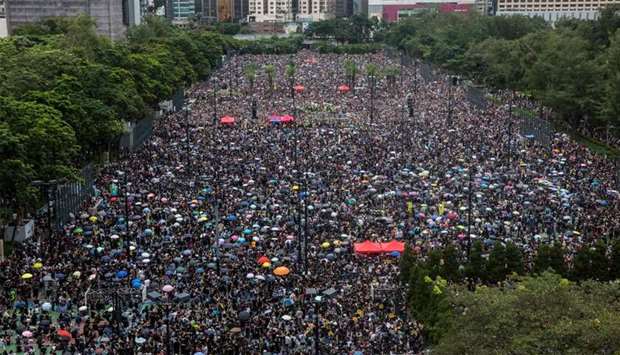 Protesters gather for a rally in Victoria Park in Hong Kong