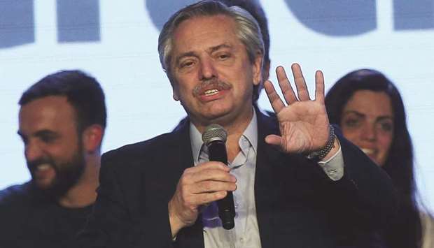 Presidential candidate Alberto Fernandez speaking in Buenos Aires earlier this month.