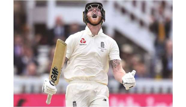 Englandu2019s Ben Stokes celebrates as he reaches his century (100 runs) on the fifth day of the second Ashes Test against Australia at Lordu2019s Cricket Ground in London yesterday. (AFP)