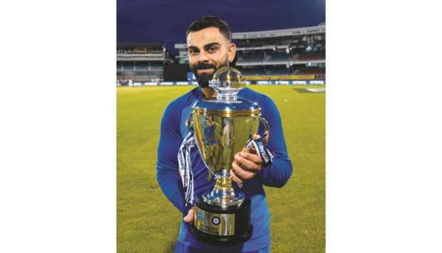 Captain Virat Kohli poses with the trophy after India won the third and final ODI against West Indies at Queens Park Oval in Port of Spain, Trinidad and Tobago, last week. (AFP)