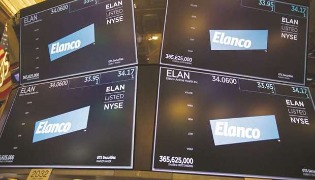 Monitors display Elanco Animal Health Inc signage on the floor of the New York Stock Exchange (file).