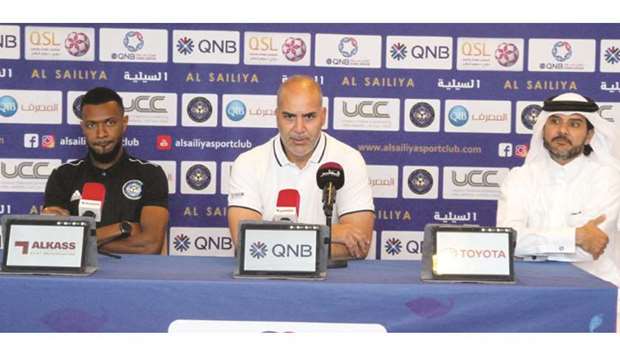 Al Sailiya coach Sami Trablesi (centre) addresses the media ahead of his teamu2019s match against Al Khor.