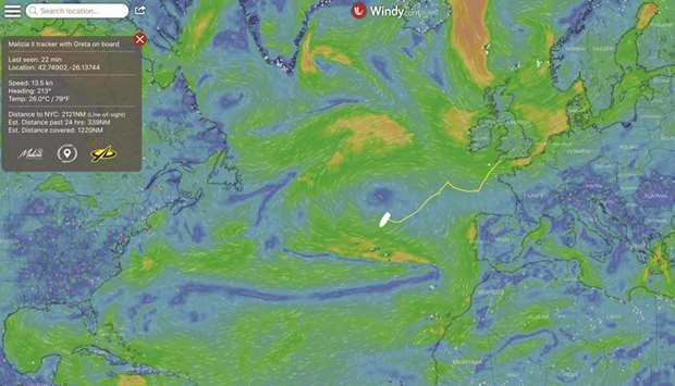 A digital map shows Greta Thunbergu2019s journey across the Atlantic in Malizia II and the surrounding weather on August 19, 2019 in this still image taken from windy.com.