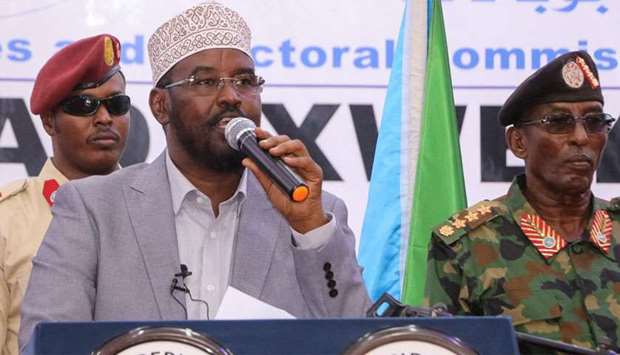 Ahmed Madobe (C), speaks after his reelection as President of Jubaland