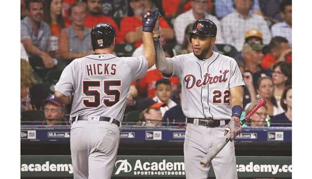 Detroit Tigers catcher John Hicks (left) celebrates with left fielder Victor Reyes after hitting a home run against the Houston Astros during the ninth inning at Minute Maid Park. PICTURE: USA TODAY Sports