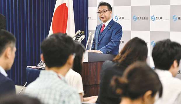 Japanu2019s Economy, Trade and Industry Minister Hiroshige Seko speaks during a press conference at the ministry in Tokyo yesterday. Japan said it will remove South Korea from a u201cwhite listu201d of favoured export partners, a move that Seoul has warned will have u201cgrave consequencesu201d for security ties between the US allies.