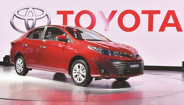 Toyota Motor Yaris compact vehicle stands on display at the Auto Expo 2018 held in Noida, Uttar Pradesh.