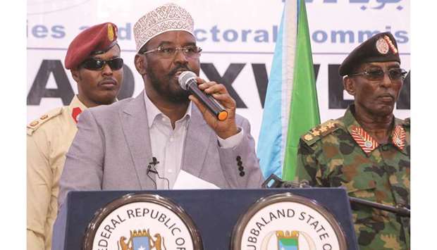 Ahmed Mohamed Islam, better known as Ahmed Madobe, speaks after his re-election as Jubaland President in Kismayo yesterday.