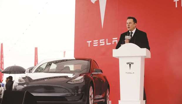 Elon Musk, chief executive officer of Tesla Inc, speaks during an event at the site of the companyu2019s manufacturing facility in Shanghai. Musk said in November the US company would manufacture all its battery modules and packs at the Shanghai factory, which will make Model 3 and Model Y cars, and planned to diversify its sources.