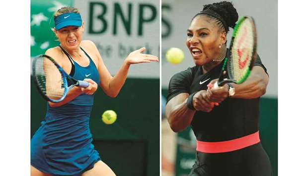 This combination of file photos created on June 3, 2018, shows Russiau2019s Maria Sharapova (L) on May 29, 2018, and (R) Serena Williams of the US on June 2, 2018. Both pictures are from the French Open.