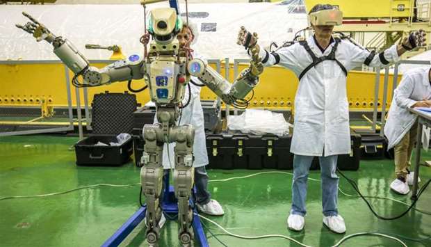 Russian humanoid robot Skybot F-850 (Fedor) being tested ahead of its flight on board Soyuz MS-14 spacecraft at the Baikonur Cosmodrome in Kazakhstan. Russia