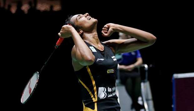India's Pusarla Sindhu reacts during her final women's singles match against Japan's Nozomi Okuhara