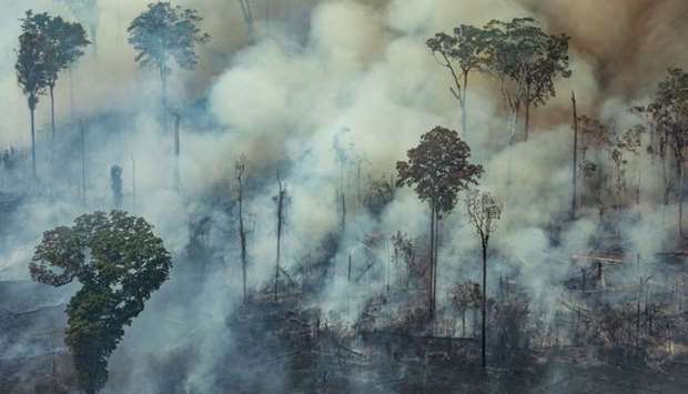 Handout aerial picture released by Greenpeace showing smoke billowing from a forest fire in the municipality of Candeias do Jamari, close to Porto Velho in Rondonia State, in the Amazon basin in northwestern Brazil
