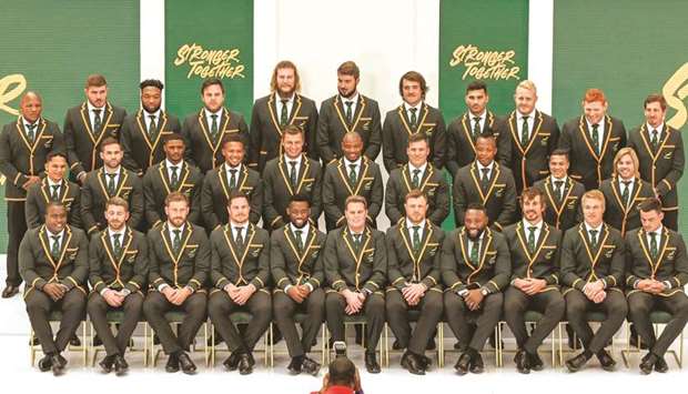 South Africa players pose after the announcement of South Africau2019s squad for the 2019 Rugby World Cup in Johannesburg yesterday. (AFP)