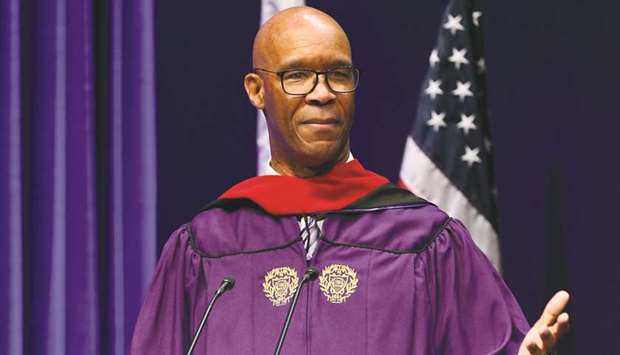 Charles Whitaker, dean of Northwesternu2019s Medill School, addresses NU-Qu2019s Class of 2023 during their Convocation ceremony.