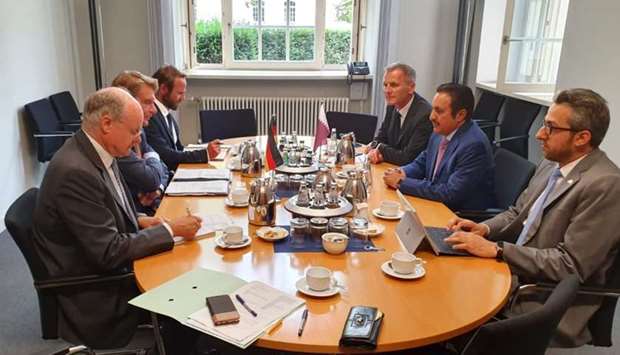 Qatar Chamber chairman Sheikh Khalifa bin Jassim al-Thani and Germanyu2019s Member of Ministries Council and Parliamentary State Secretary at the Federal Ministry for Economic Affairs and Energy, Thomas Bareiss, holding talks in Berlin