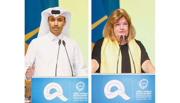 QOC Secretary-General HE Jassim bin Rashid al-Buenain (left), ANOC Secretary-General Gunilla Lindberg (right) spoke at the draw ceremony for the handball and football competitions of the ANOC World Beach Games yesterday. PICTURES: Noushad Thekkayil