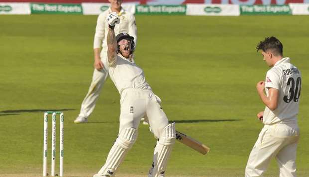 Englandu2019s Ben Stokes celebrates hitting the winning runs on the fourth day of the third Ashes Test against Australia at Headingley in Leeds, United Kingdom, on Sunday. (AFP)