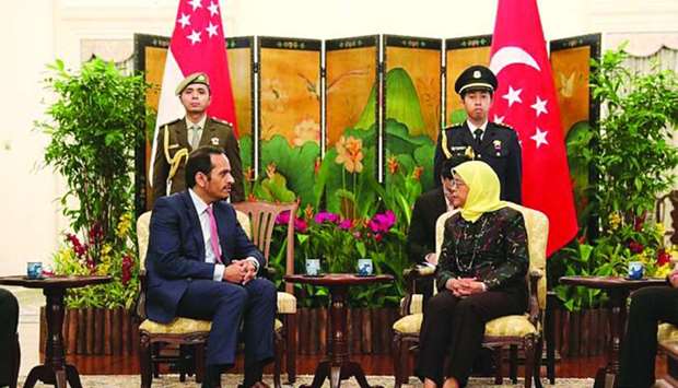 Singapore President of the Republic of Halimah Yacob met on Wednesday with HE the Deputy Prime Minister and Minister of Foreign Affairs Sheikh Mohamed bin Abdulrahman al-Thani, who is paying an official visit to Singapore. At the beginning of the meeting, the foreign minister conveyed the greetings of His Highness the Amir Sheikh Tamim bin Hamad al-Thani to the Singapore president and his wishes of more progress and prosperity to the Singaporean people. For her part, the president reciprocated her greetings to the Amir, wishing him good health and happiness and the people of Qatar continued development and prosperity. During the meeting, they reviewed bilateral relations and ways to enhance them, besides issues of common concern.