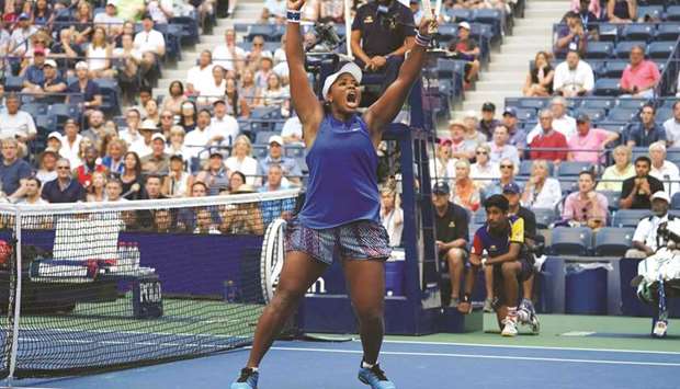 Taylor Townsend of the US reacts after beating Simona Halep of Romania in the second round of the  US Open on Thursday.