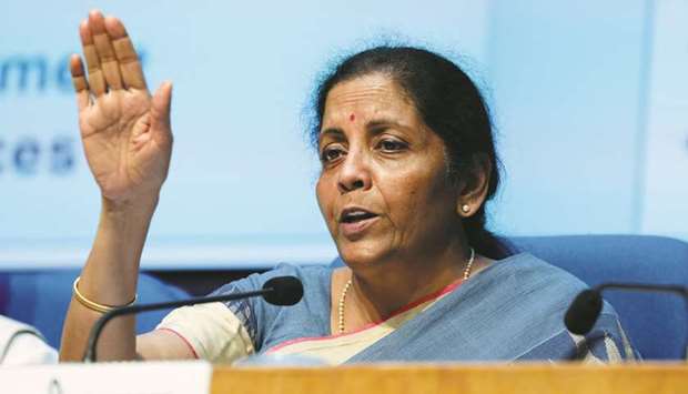 Nirmala Sitharaman, Indiau2019s finance minister, speaks during a news conference in New Delhi. Sitharaman announced that 10 banks to be granted funds in the governmentu2019s latest cash infusion into state-run banks, after it announced in July plans to inject another Rs700bn ($9.79bn) into the sector this fiscal year.