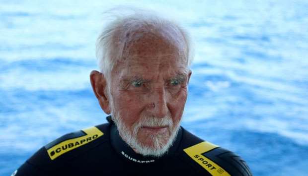 Ray Woolley, diver and World War Two veteran, is seen before breaking a new diving record as he turns 96 by taking the plunge at the Zenobia