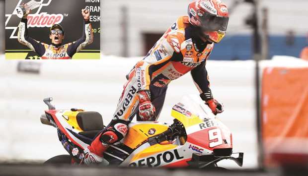 Repsol Hondau2019s Marc Marquez (also inset) celebrates his victory in the Czech MotoGP race in Brno, Czech Republic, yesterday. (Reuters)