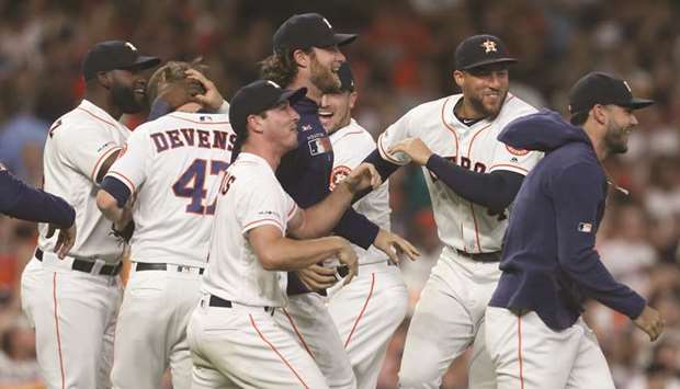 Houston Astros players celebrate a combine four pitcher no hitter against the Seattle Mariners at Minute Maid Park. PICTURE: USA TODAY Sports