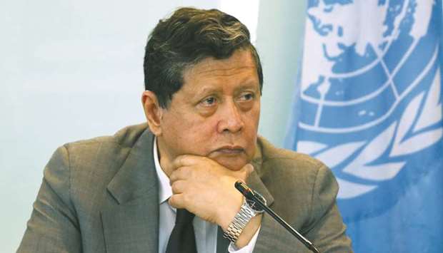 Marzuki Darusman gestures during a news conference at the UN office in Jakarta yesterday.