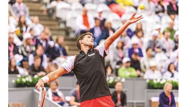 Dominic Thiem of Austria serves in the Generali Open final against Albert Ramos-Vinolas of Spain in Kitzbuehel, Austria, on August 3, 2019. (AFP)