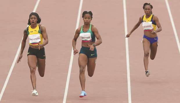 Jamaicau2019s Elaine Thompson (left), Brazilu2019s Vitoria Cristina (centre) and Barbadosu2019 Ariel  Jackson in action during the Womenu2019s 100m semi-final at the Pam American Games in Lima, Peru, on Tuesday. (Reuters)